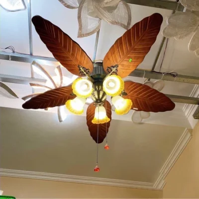 Quạt trần có đèn 5 chao cánh gỗ hình lá cây decor phòng khách biệt thự nhà hàng khách sạn,remote từ xa