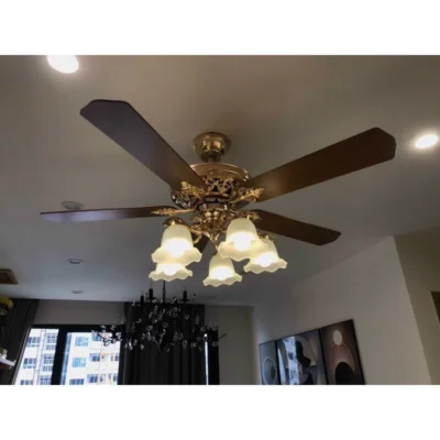 Quạt Trần Đèn Chùm Cao Cấp,5 Chao Đèn Sang Trọng,6 Tốc Độ gió,Có Điều Khiển từ xa,100% Lõi Đồng.